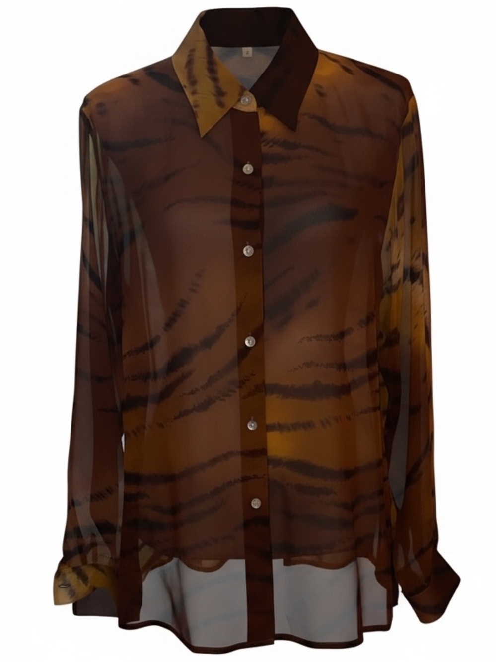 MAGGY L 100% Silk Vintage Button Down Blouse Tiger Stripes and Face Brown SZ 12